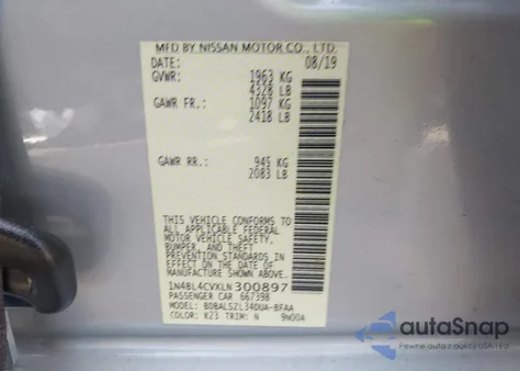 2020 Nissan Altima Sr Fwd из США, поврежденный, VIN 1N4BL4CVXLN300897